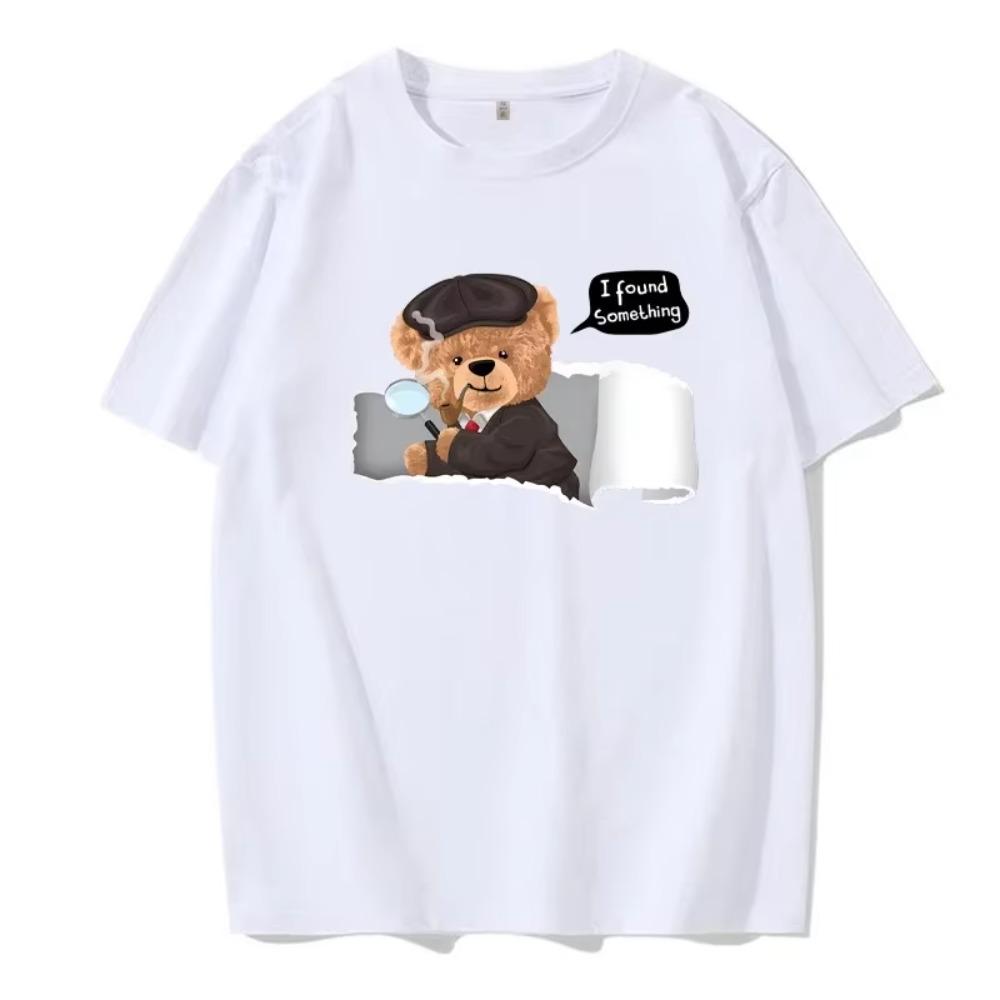 Neutraler Stil Sommer Kurzarm Niedlicher Detektiv Teddybär Musterdruck Lustige Mode Lässiges Herren- und Damen-T-Shirt