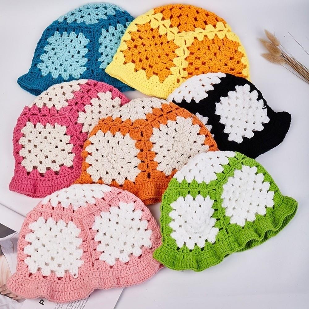 Sunflower Patterned Fisherman Hat Lotus Leaf Edge Handmade Knit Hat Autumn Winter Outings