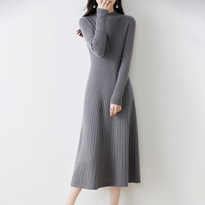 Solid Color Thin Semi-turtleneck Knitted Dress Women's Autumn and Winter New Temperament Elegant Inside with Backing Sweater Long Dress