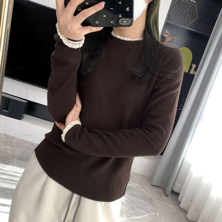 Women's Lace Splice Half-High Collar Base Shirt, Autumn/Winter, De Rong Fleece, Double-Sided Brushed, Slim-Fit, Long-Sleeve Top.