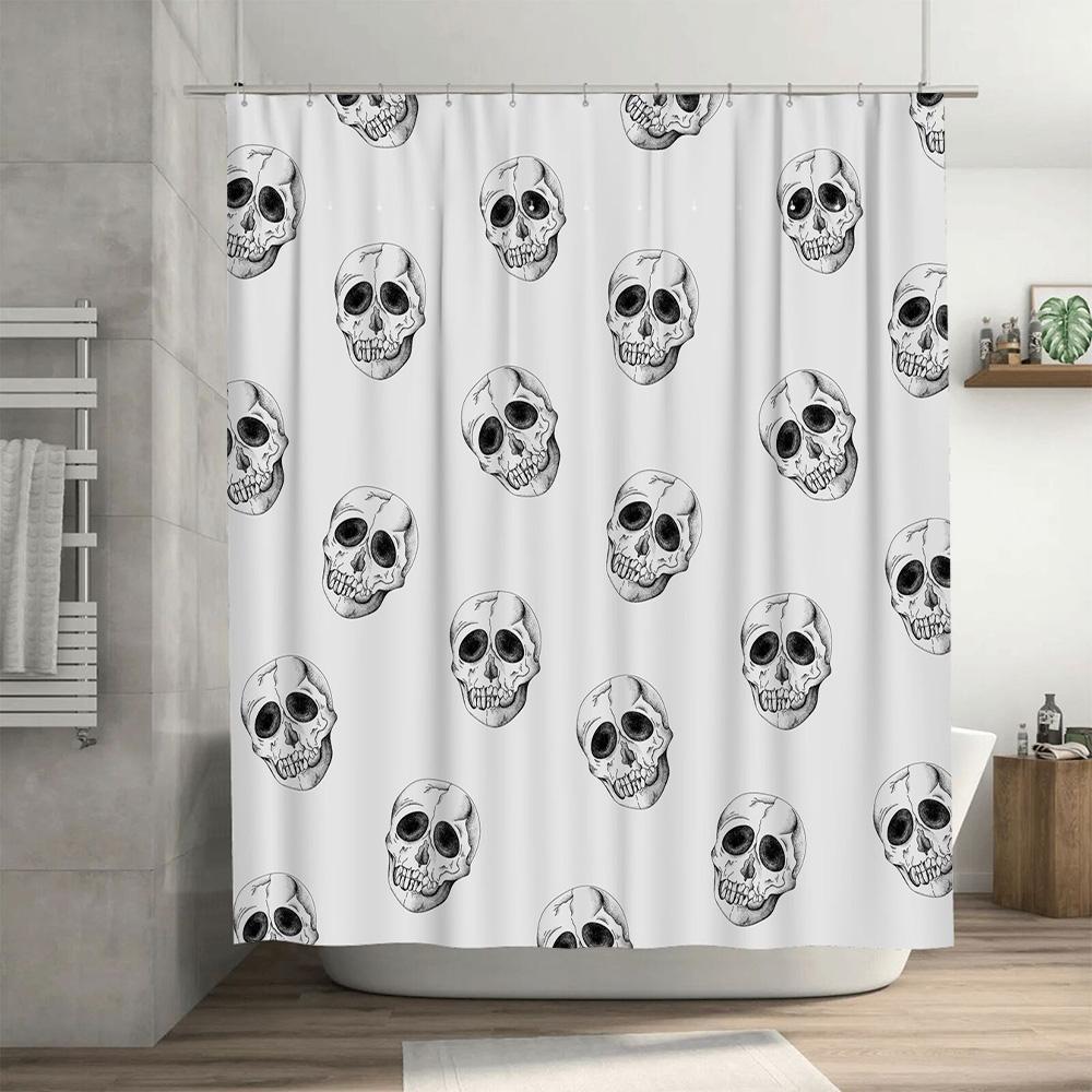 Skull Print Shower Curtain Waterproof Bath Decor Fabric Privacy Protection Home Accessories White with Black Skulls Pattern (180