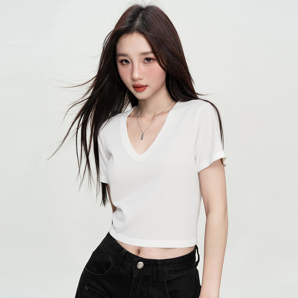 Summer Short-Sleeved Versatile Solid Color Fashionable Simple Design Slim Fit Women's T-Shirt Top