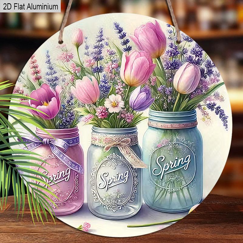 2D Flach 1 Stück Frühling Pastoral Vase Aluminiumschild Rund Dekoratives Hängendes Ornament, Haus Küche Garten Balkon Zaun Dekoration, Gärtnerei Studio Dekoration