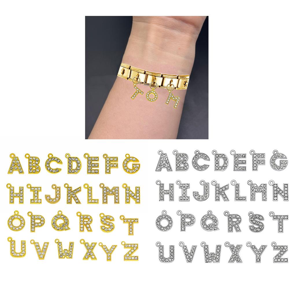 Fashionable Sparkling Stylish Rhinestones Letter Charm Set of 26 Gold Tone Letter Pendants Portable for Jewelry Making