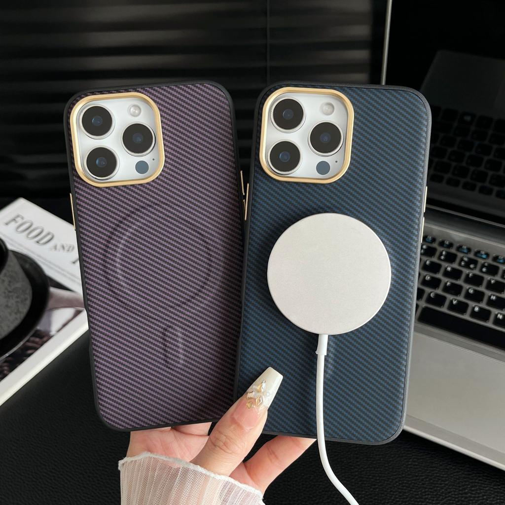 For IPhone 16 ProMax Kevlar Carbon Brazing Pattern Phone Case Magnetic for Apple 15 with Metal Lens Ring