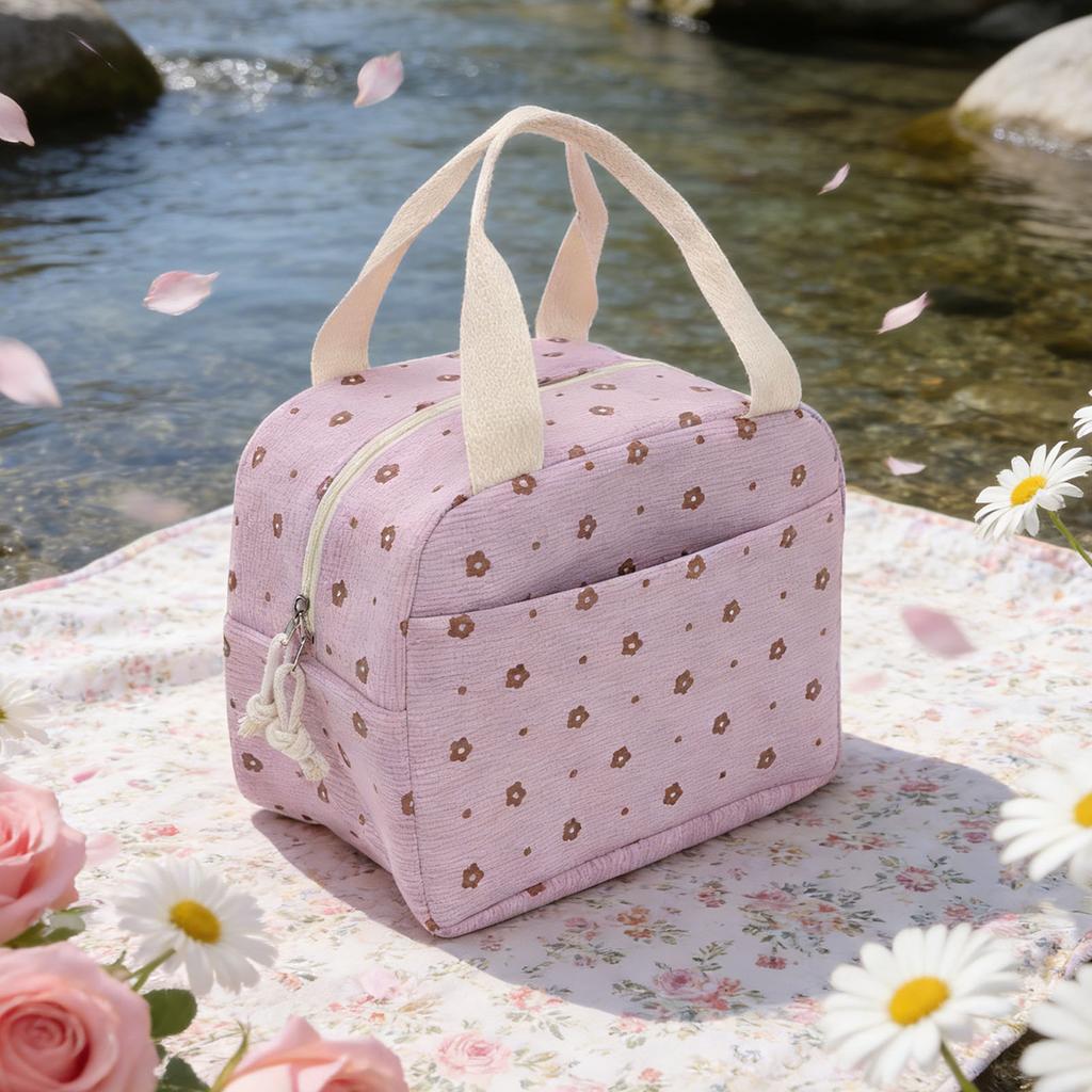 Insulated Lunch Bag Portable Reusable Cooler Handbag for Work Picnic Travel Large Capacity Aluminum Foil Liner Flower Pattern