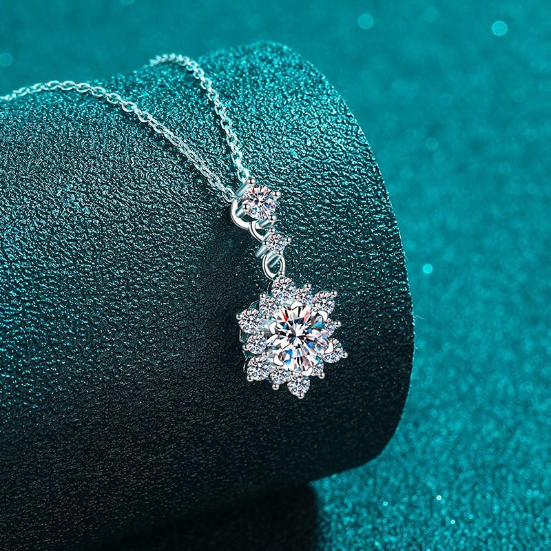 Sterling Snowflake Pendant Necklace Women Moissanite CZ Stone Cross Chain Elegant Layered