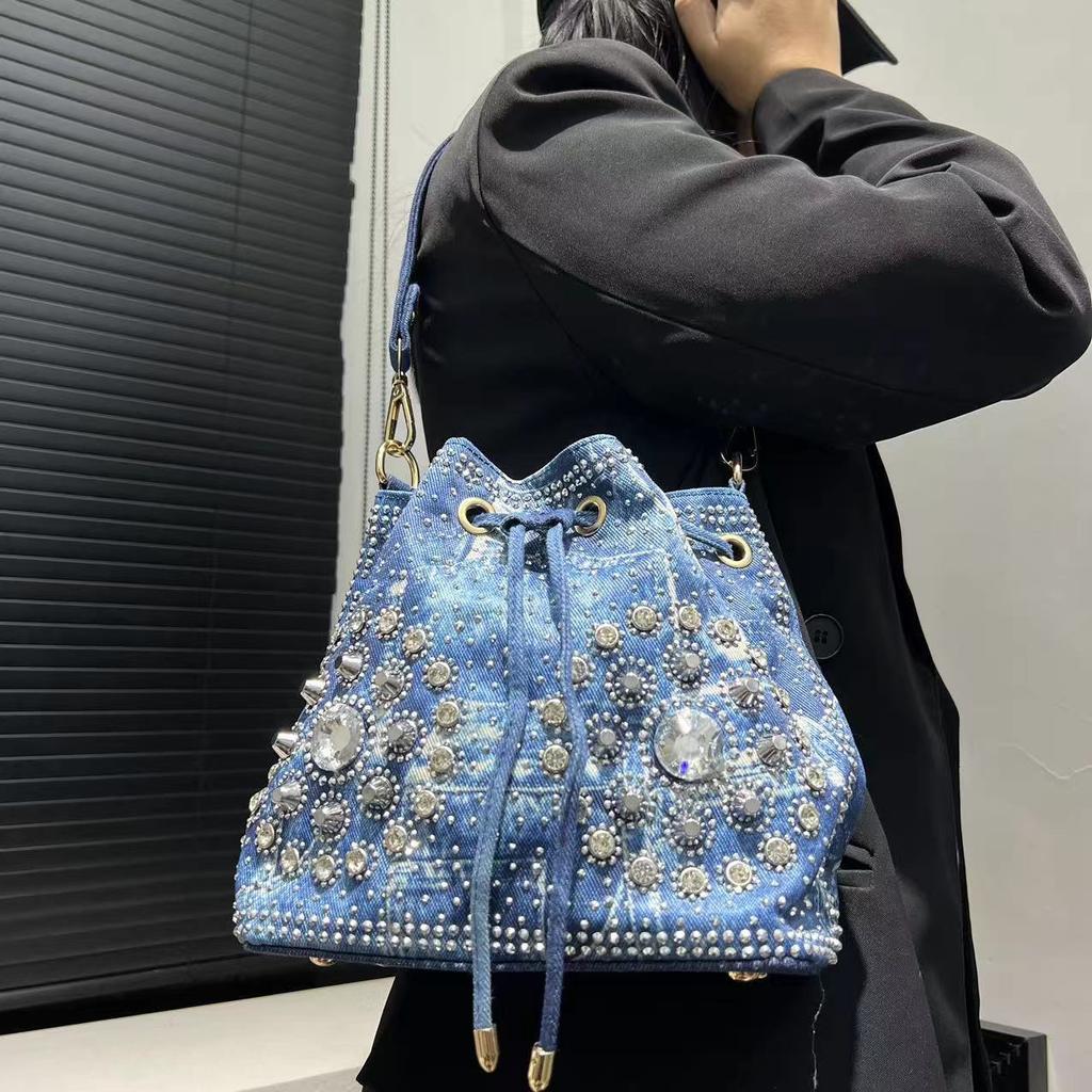 Women'S Denim Diamond Shoulder Bag Diamond Ornament Flower Mother And Child Crossbody Handbag