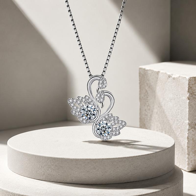 Romantic Double Swan Pendant Necklace Cubic Zirconia Silver Tone Dainty Clavicle Chain Pendant Jewelry Gift for Women Daily Birthday Valentine's Day