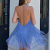 Women Summer Halter Neck Sleeveless Fringed Short Dress Strapless Off-the-Shoulder Braided Rope Paneling Slim Pleated Skirt for Parties