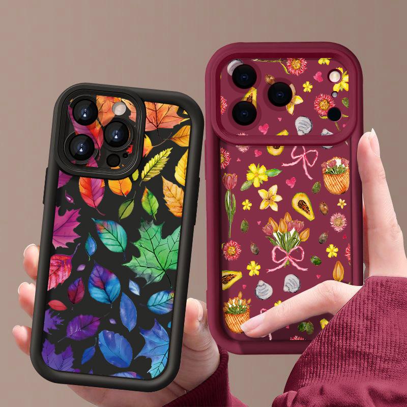 Flowers Leaves Print Case For iPhone 17 Pro Max Case iPhone 16 15 14 13 Pro Max 11 17e 16e Shockproof Bumper Soft Silicone Phone Cover Cases