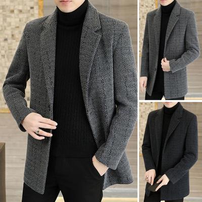 Casaco Masculino de Lã Lapela Manga Longa Abotoamento Simples Jaqueta Casaco com Bolsos Cor Sólida Caimento Solto Casual Roupa Exterior para Clima Frio