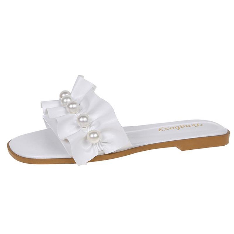 Fashion Women Slides Faux Pearl Decor Ruffle Trim Sandals Open Toe Wear-resistant Flat Slippers Summer Sandy Beach Sandals Women Shoes