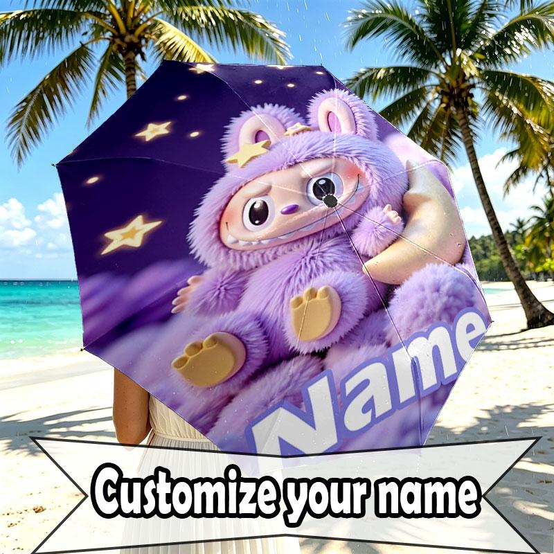 Custom Name Personalized Labubu Print Umbrella, Auto Open Close, 8‑Rib Sturdy Frame, Commute Camping Hiking Use, Birthday Gift