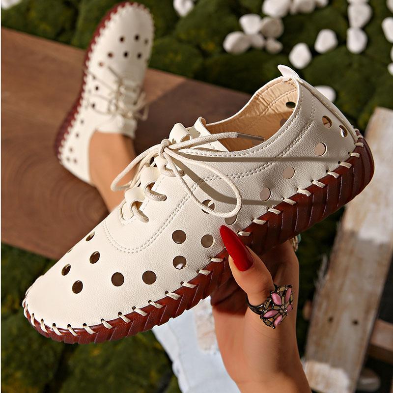 Comemore Spring Summer Women Flats Hollow Out Lace Up Hole Single Shoes for Women Casual Soft Leather Soft Sole Sneakers Shoes