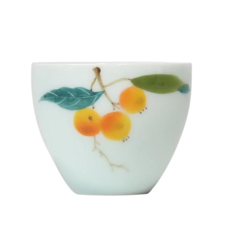 1 Pc Chinese Handmade Ceramic Teacup Master Hand-painted Loquat Porcelain Tea Bowl Travel Meditation Cup Tea Set Accessories