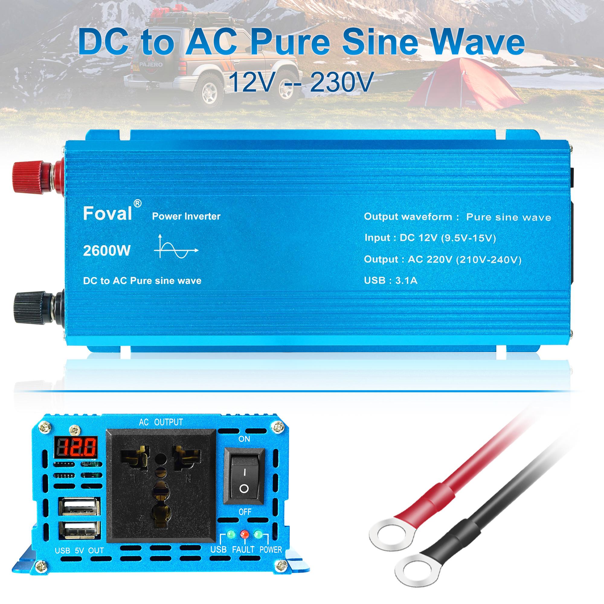 2600W(Cima) Inversor de onda sinusoidal pura de 12 V a 230 V, 1000 W, 2 puertos USB de 5 V y 3,1 A, para sistemas solares fuera de la red eléctrica en casas de acampada. 12V 220V Universal azul