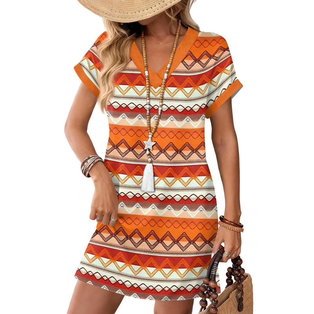 Short Sleeve Women's Dress Casual Dresses With Pockets V Neck Vocation Boho Beach Sundress