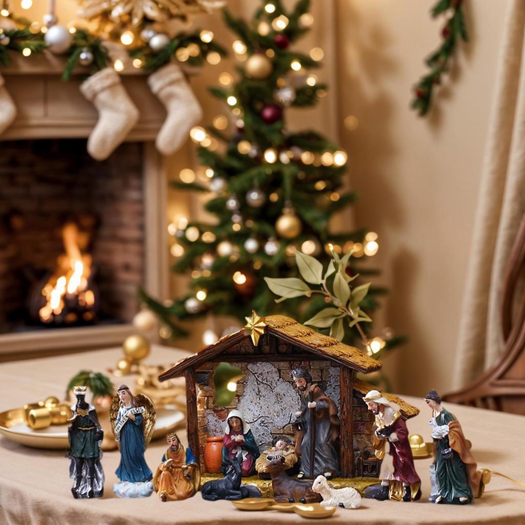 Nativity Scene Classic Christmas Manger Resin Christmas Manger Nativity Figurine Set For Bookshelf Home Dining Table Mantle