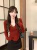 Women's High-End Red V-Neck Knitted Sweater - Irregular Fashion for Autumn/Winter
