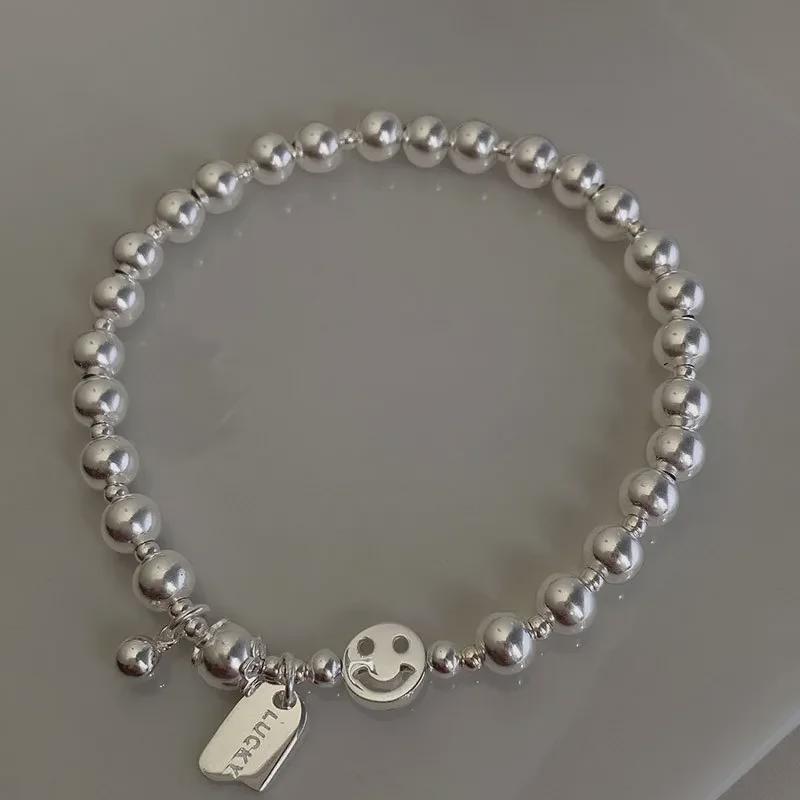 Koreańska srebrna bransoletka S925 z uśmiechnięą buźką: Koralik Retro, Kwadratowa Zawieszka, Symbol Szczęścia