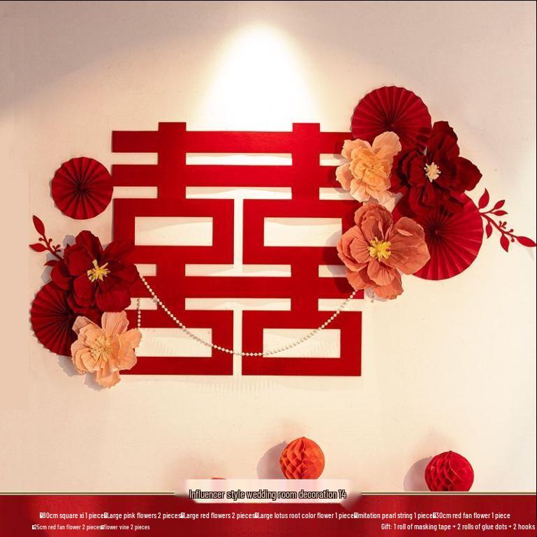 3D Floral Wedding Decor Set: Paper Flowers & Double Happiness Wall Stickers for Bedroom & Living Room
