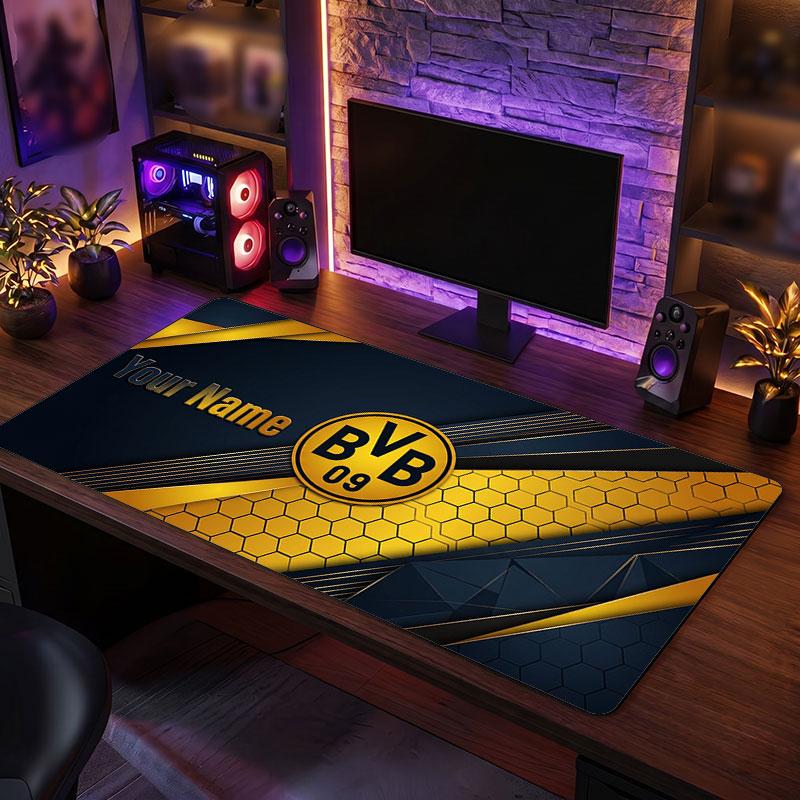 Borussia Dortmund Niestandardowa Duża Podkładka pod Mysz, Spersonalizowany Nadruk z Nazwą, Antypoślizgowa Mata na Biurko z Logo Piłkarskim, Prezent dla Gracza