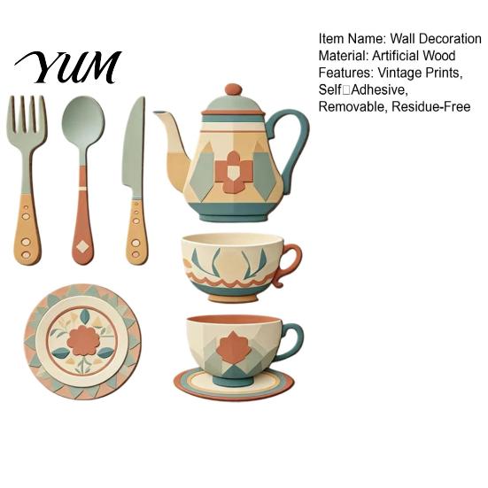 Retro Kitchen Wall Decals 7Pcs 2D Flat Wooden Decor, Teapot Tableware Themed Adhesive Art for Dining Area Art, Self?Adhesive Plaques Room