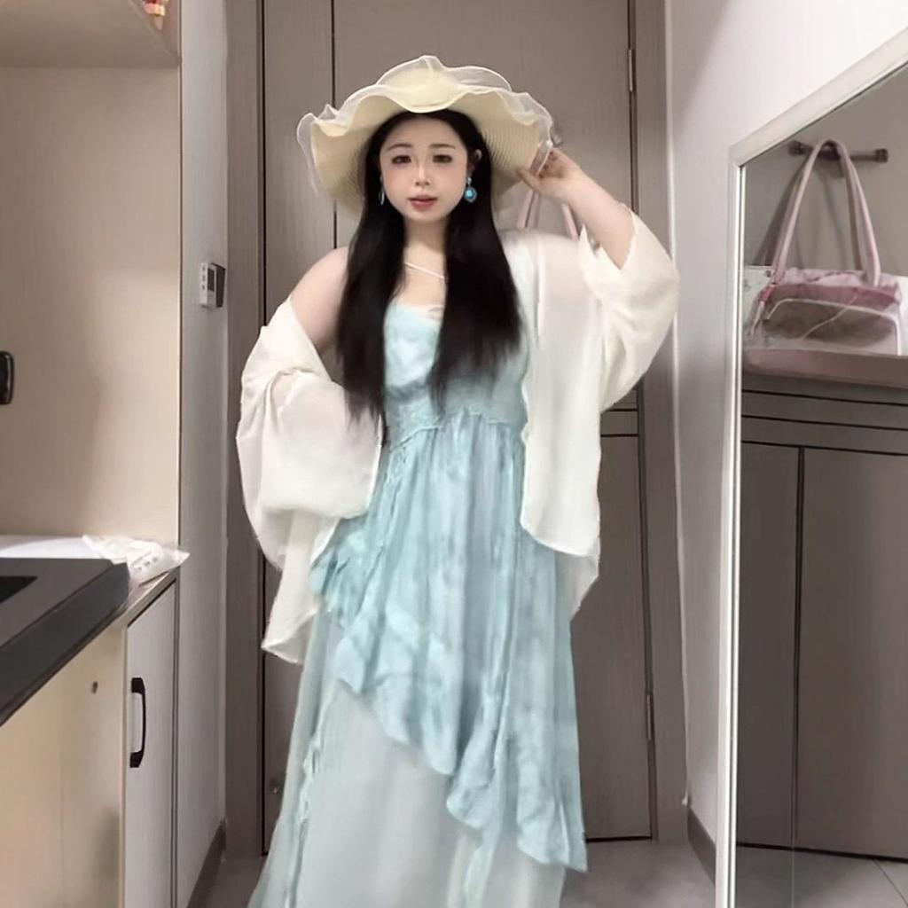 Large Size Fat Mm Suspender Dress Summer Suit Design Lace Lace Gentle Tie-dye Long Dress Slim Cardigan
