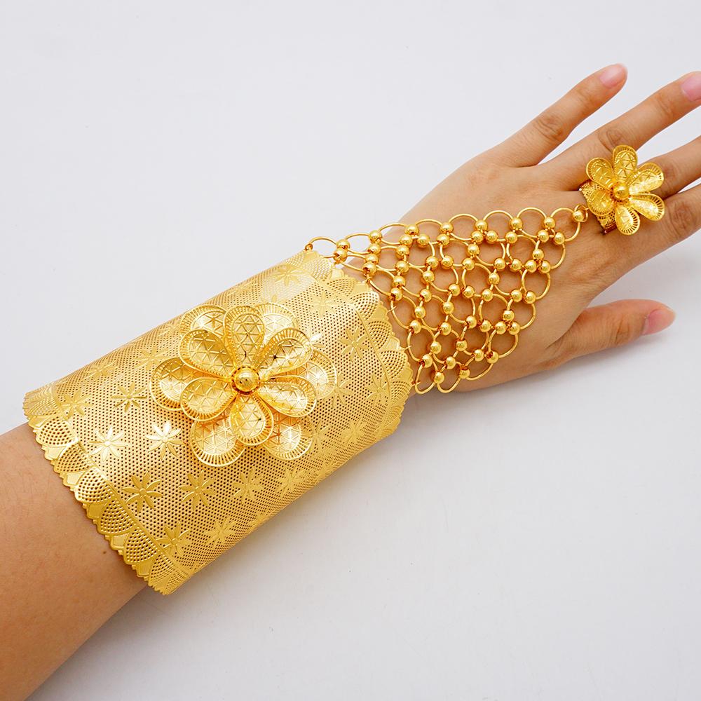 Dubai Gold Color Bracelet With Ring For Women Africa India Morocco 24K Gold Plated Large Bangle For Bridal Wedding Party Gift
