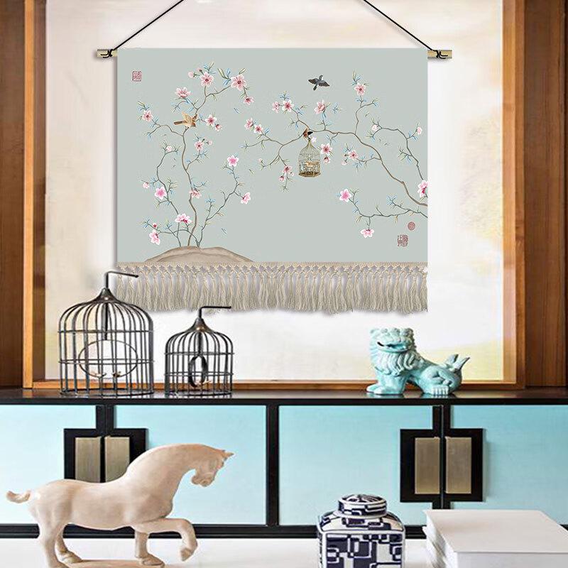 New Chinese Style Light Luxury Floral Bird Fabric Wall Art