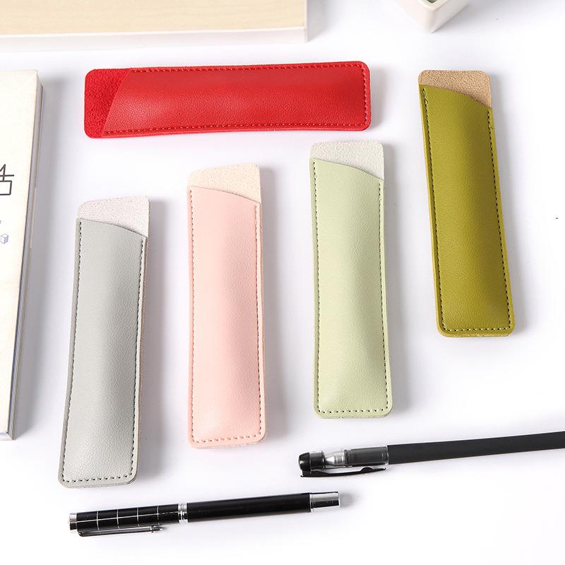 Solid Color Leather Pencil Case – Student Stationery Bag with Fountain Pen Cover