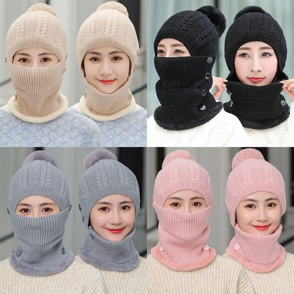 Wool Knitted Women Wool Knitted Hat Thick Face Warmer Pompoms Cap Windproof Winter Ski Hat