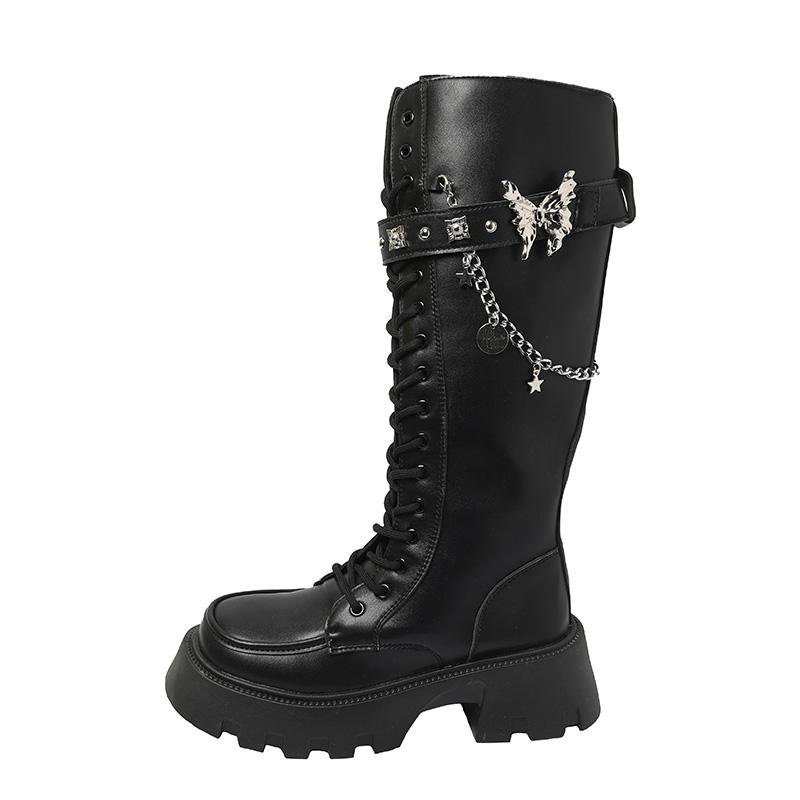 Fashion Butterfly Metal Chain Boots Women's Round Toe Colorblock Front Lace-Up Side Zipper Platform Block Heel Tall Single Boots