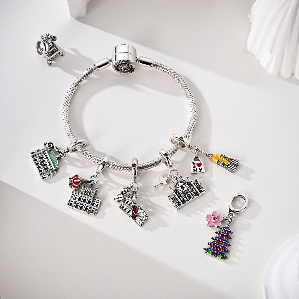 925 Silver Travel Charm Pendant New York Rome Vienna Landmark Building Bracelet Diy Fashion Jewelry Gift