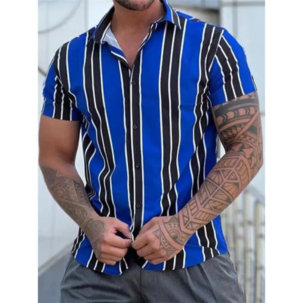 New Summer Men Clothes Short Sleeve Stripe Shirt Tops Men Casual Beach Shirt Tops