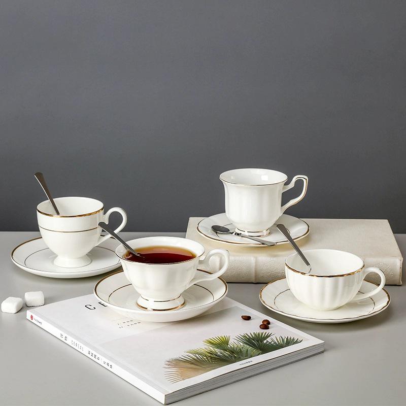 Nordic Style Bone China Coffee Set - Gold Trimmed Butterfly Design Cups (White).