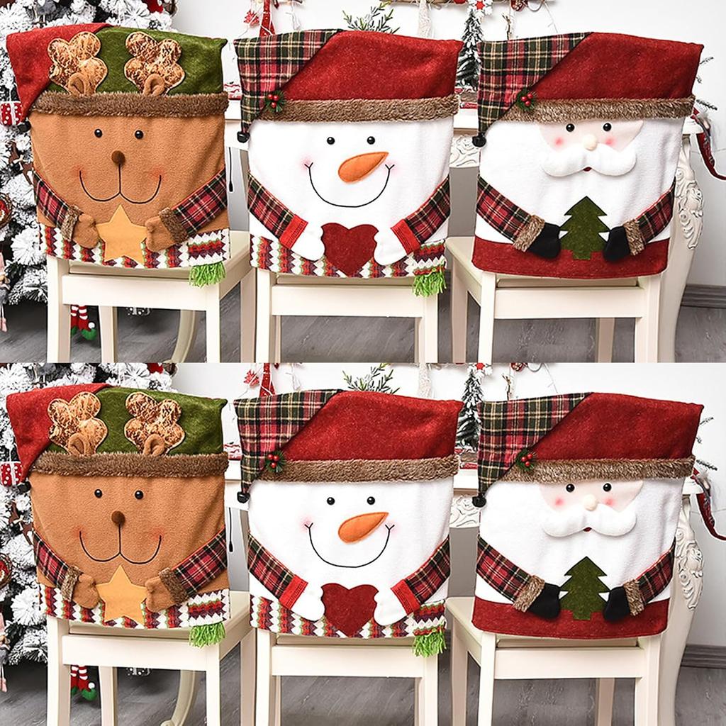 6 Pcs Christmas Chair Back Cover for Dining Room, Santa Claus Snowman Reindeer Xmas Dinner Chairs Cover, Chair Slipcover for Kitchen Hotel Holiday