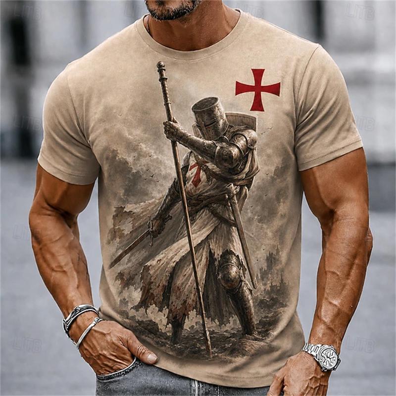 2026 Sommer Retro Herren Templer Kreuzritter T-Shirt Kurzarm T-Shirt 3D-Druck Rundhals Religiöser Stil Festliches Outfit