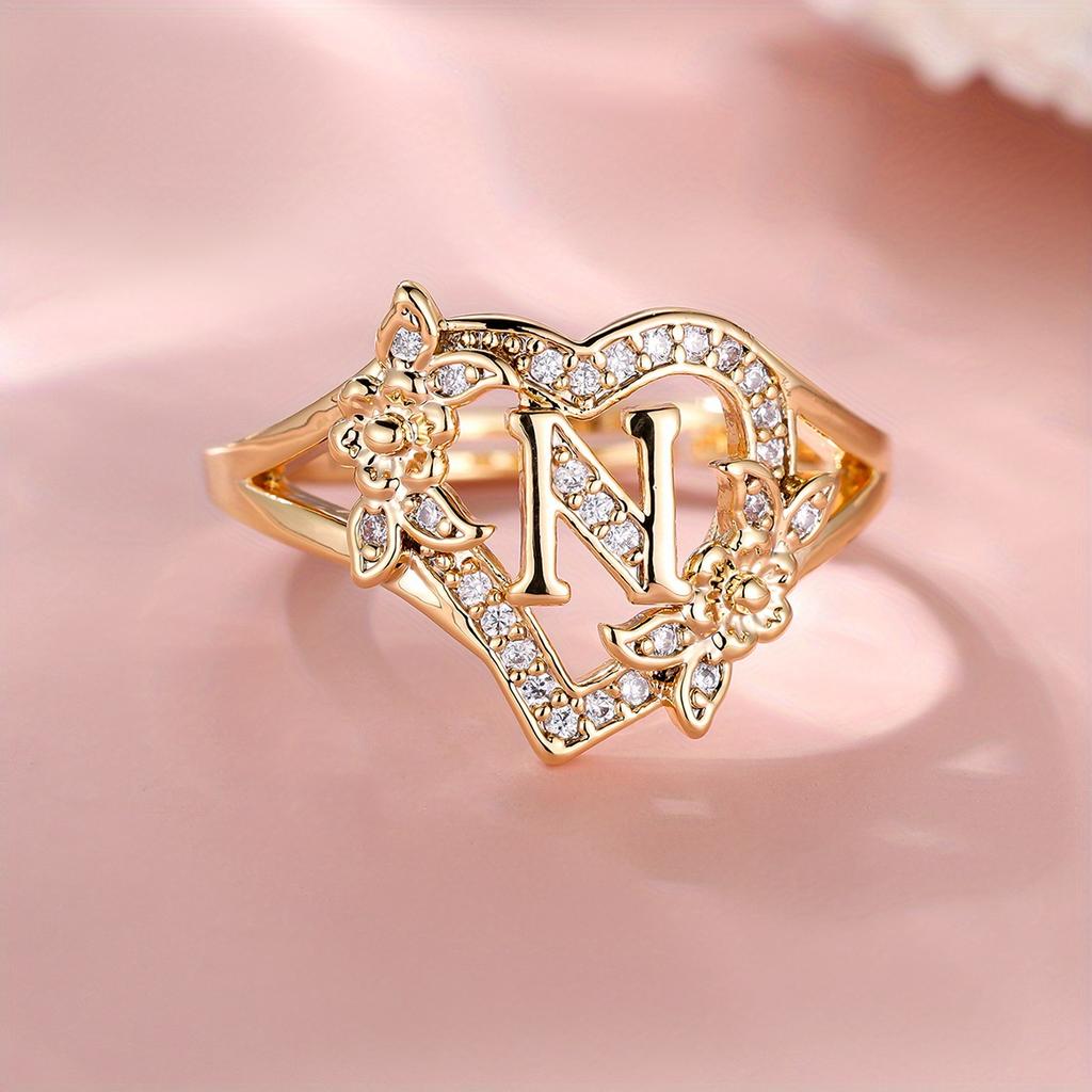 1 Stück goldene Farbe 26 englische Buchstaben CZ Zirkon Ring Rose Blume verstellbare Öffnung Ring Ehering Schmuck Valentinstag Geschenk