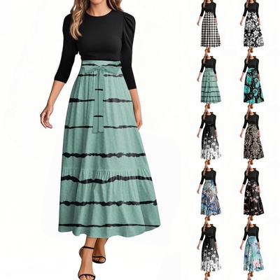 Women's Fashion Casual Belt Round Neck Floral Stitching Elegant Temperament Three-quarter Sleeve Dress