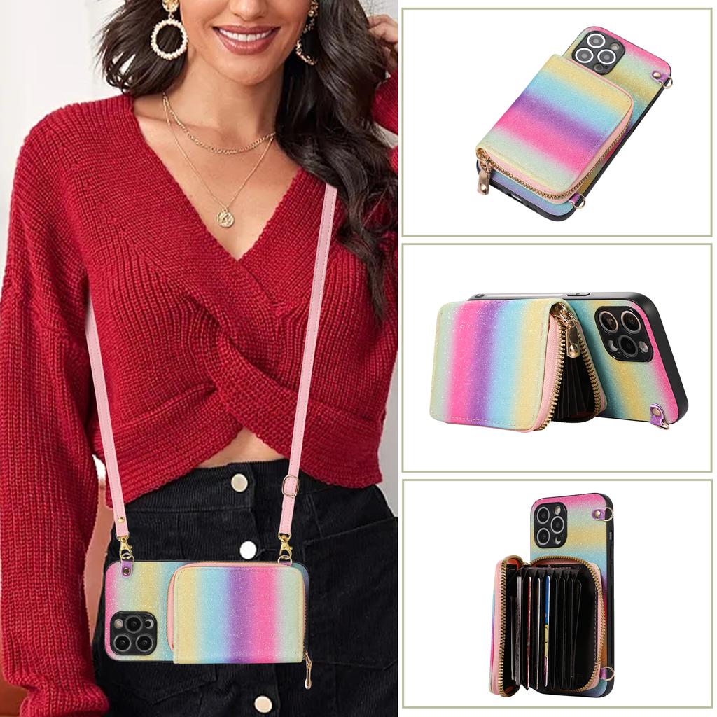 Crossbody Glitter Wallet Shoulder Strap Zipper Cards Solt Case For Iphone 14 Pro Max 13 12 11 XS XR SE3 Bag Purse Lanyard Cover