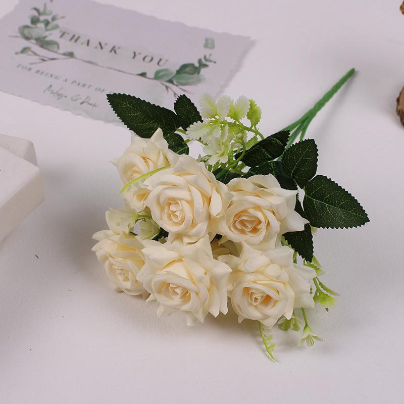 10pcs Simulation 7-head Corner Roses Bouquet Light Luxury Silk Pink Flowers Wedding Auditorium Decoration Rose Artificial Flower