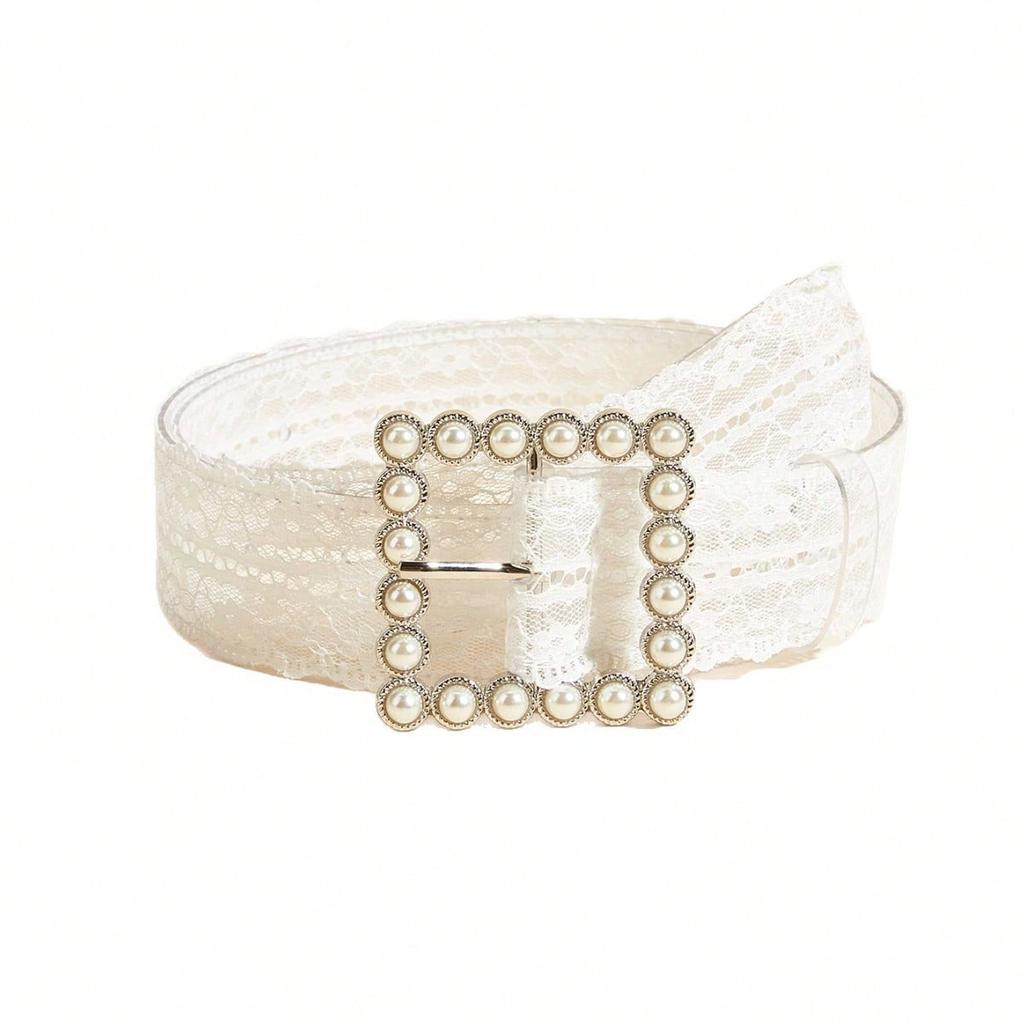 Pearl Buckle White Lace Versatile Decorative Skirt Niche Design Belt Waist Belt for Women