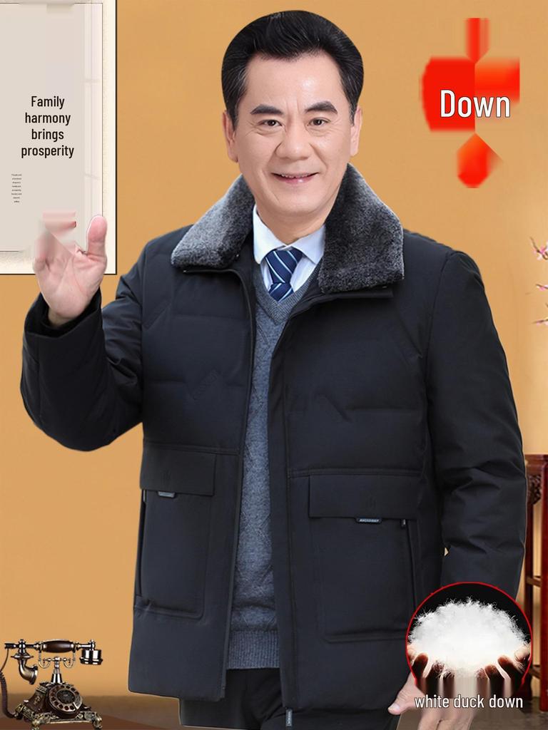 Men's Thickened Lapel Collar Down Jacket with Fleece Lining - Winter Short Style for Middle-Aged and Elderly