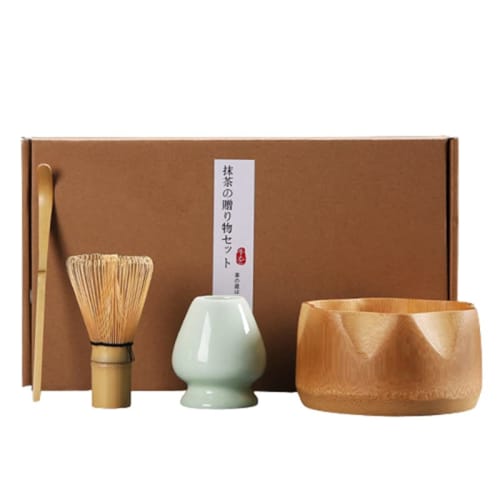 4-Piece Tea Ceremony Set (100-piece Set): Includes a 100-piece Chasen, Chasen Stand, Chashaku (Tea Scoop), Chasa (Tea Spoon), and Matcha Bowl. Include