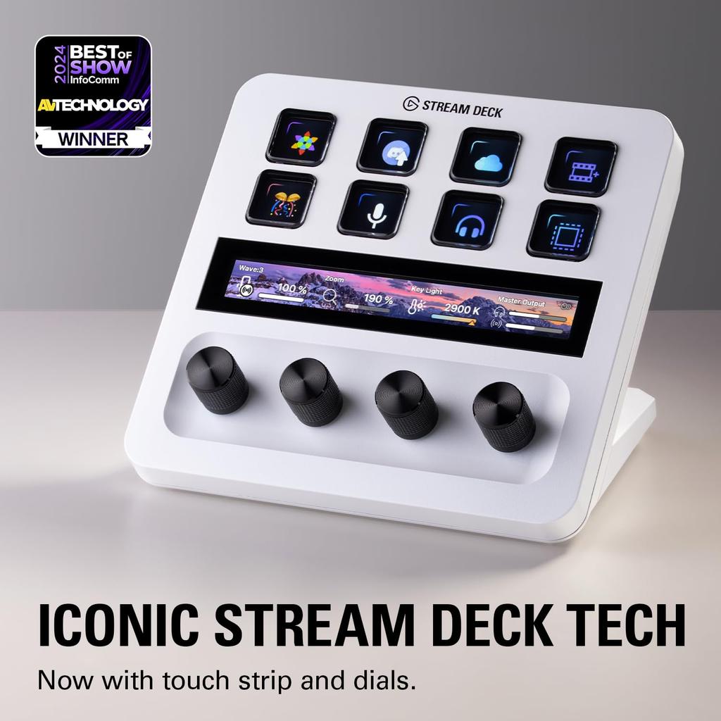 Elgato Stream Deck White Audio Mixer Production Console Studio Controller კონტენტის შემქმნელი თამაშების სტრიმინგისთვის რეგულირებადი სენსორული ზოლის ციფერბლატით და