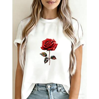 Weißes T-Shirt mit rotem Rosenaufdruck für Freizeitkleidung