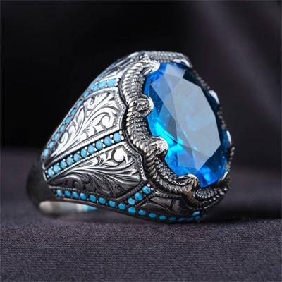 Retro Handmade Turkish Signet Ring For Men Vintage Ancient Silver Color Carved Blue Zircon Ring Punk Motor Biker Muslim
