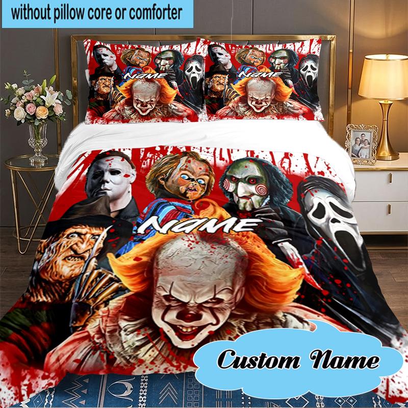 Custom Name 3PCS Halloween Horror Christmas  Bedding Set Including 1pc Duvet Cover And 2pcs Pillowcases for Bedroom, Dormitory Gift Home Decor